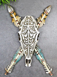 Southwestern Indian Tribal Tooled Tattoo Cow Skull And Crossed Arrows Wall Decor-1