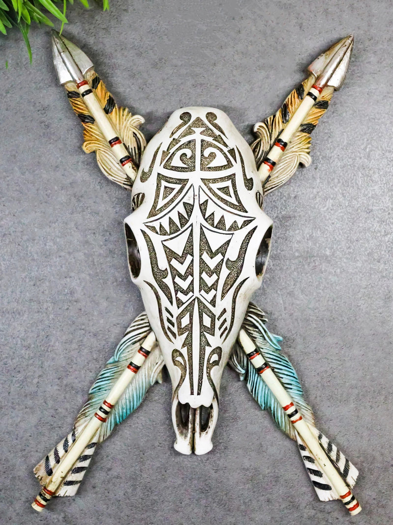 Southwestern Indian Tribal Tooled Tattoo Cow Skull And Crossed Arrows Wall Decor-1