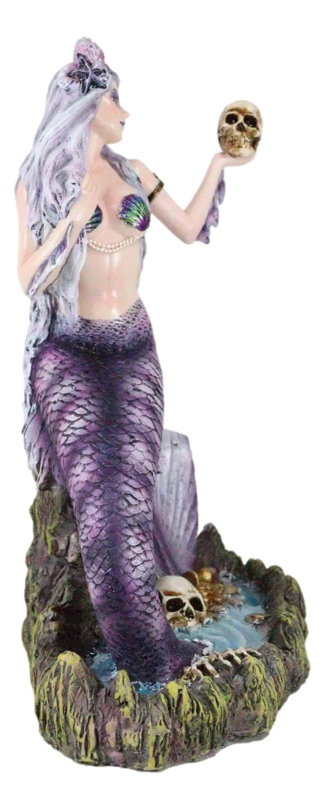 Large Sirens of The Seas Necromancer Gothic Mermaid Holding A Skull Figurine-4