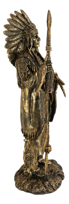 Native American Indian Chief With Eagle Roach Spear And Chalumet Pipe Statue-5