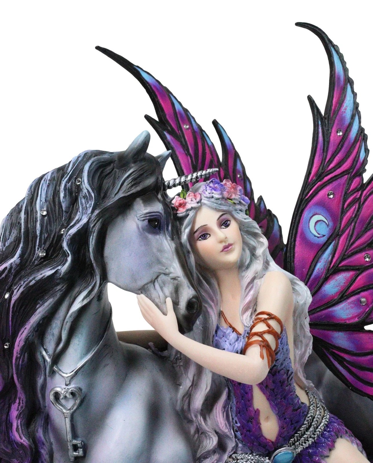 Purple Tribal Fairy Sitting With Midnight Key Lock Dark Unicorn Figurine 14.5"L-3