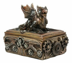 Bronzed Steampunk Cyborg Dragon Jewelry Box Figurine 9.5"L Robotic Serpentine-5