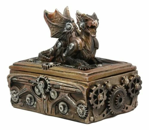 Bronzed Steampunk Cyborg Dragon Jewelry Box Figurine 9.5"L Robotic Serpentine-5