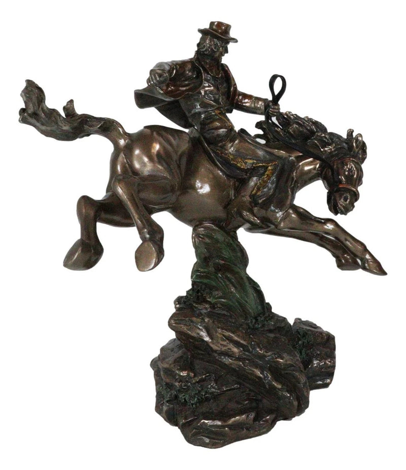 Rustic Western Rodeo Cowboy Riding On Galloping Wild Mustang Horse Figurine-4