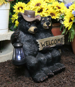 Rustic Black Bear Couple By Bench With Welcome Sign & LED Lantern Garden Statue-1