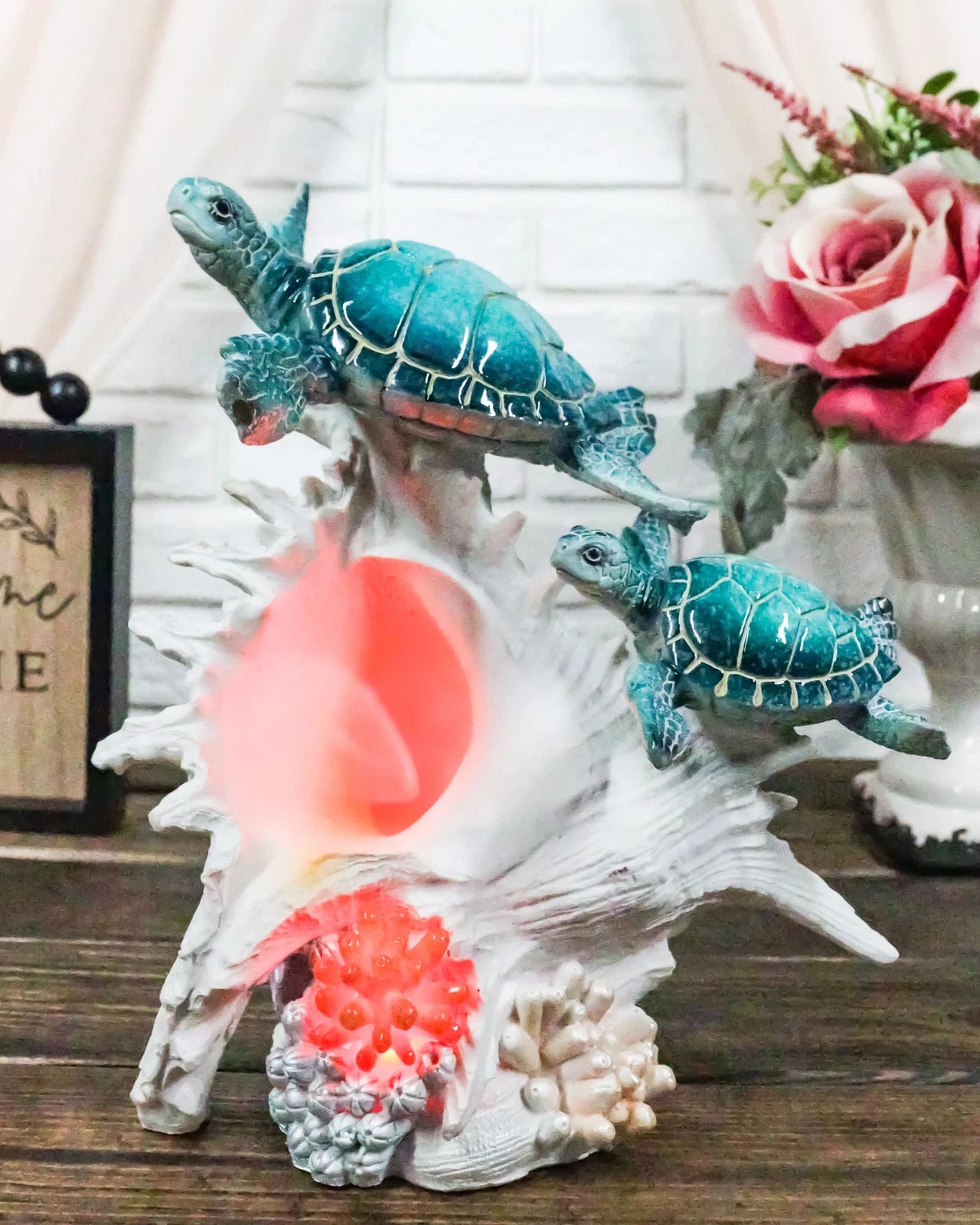 Colorful Nautical Sea Turtle Family Swimming By Big Conch With LED Light Statue