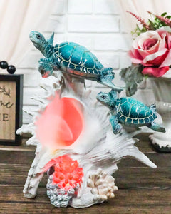 Colorful Nautical Sea Turtle Family Swimming By Big Conch With LED Light Statue-1