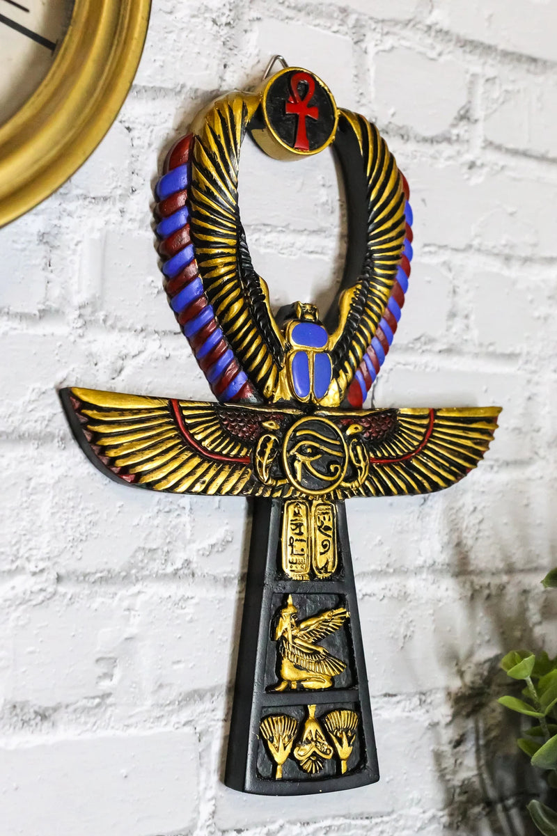 Egyptian Golden Ankh Scarab Maat and Eye of Horus Wall Decor Figurine 8" H-3