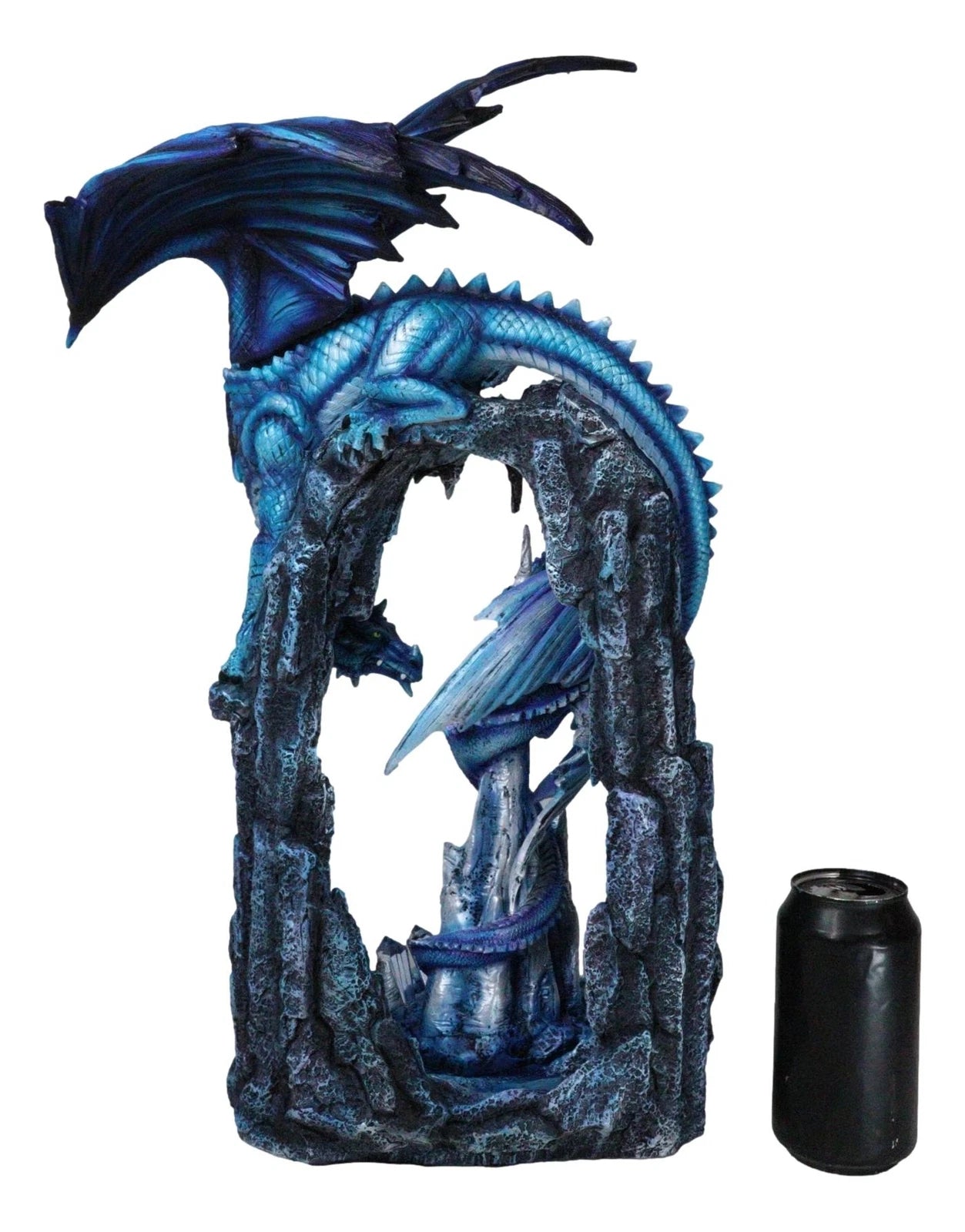 20"H Large Blue Frozen Dragon On Arch With Wyrmling By Ice Stalagmite Statue-7