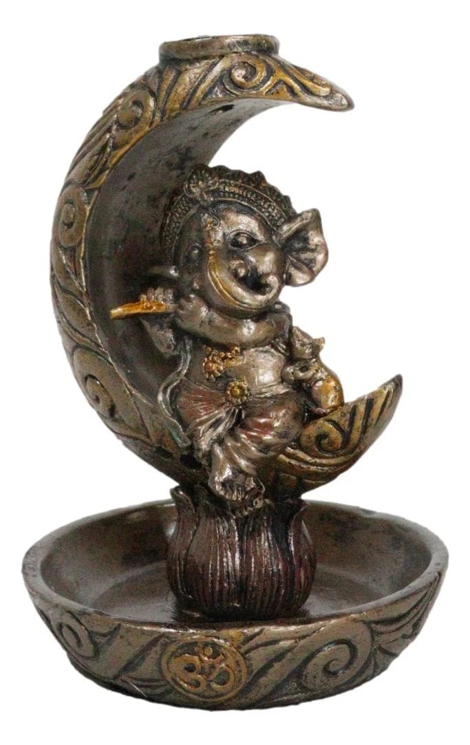 Quemador de incienso con reflujo de Ganesha, el dios hindú tocando la flauta en la luna creciente-5