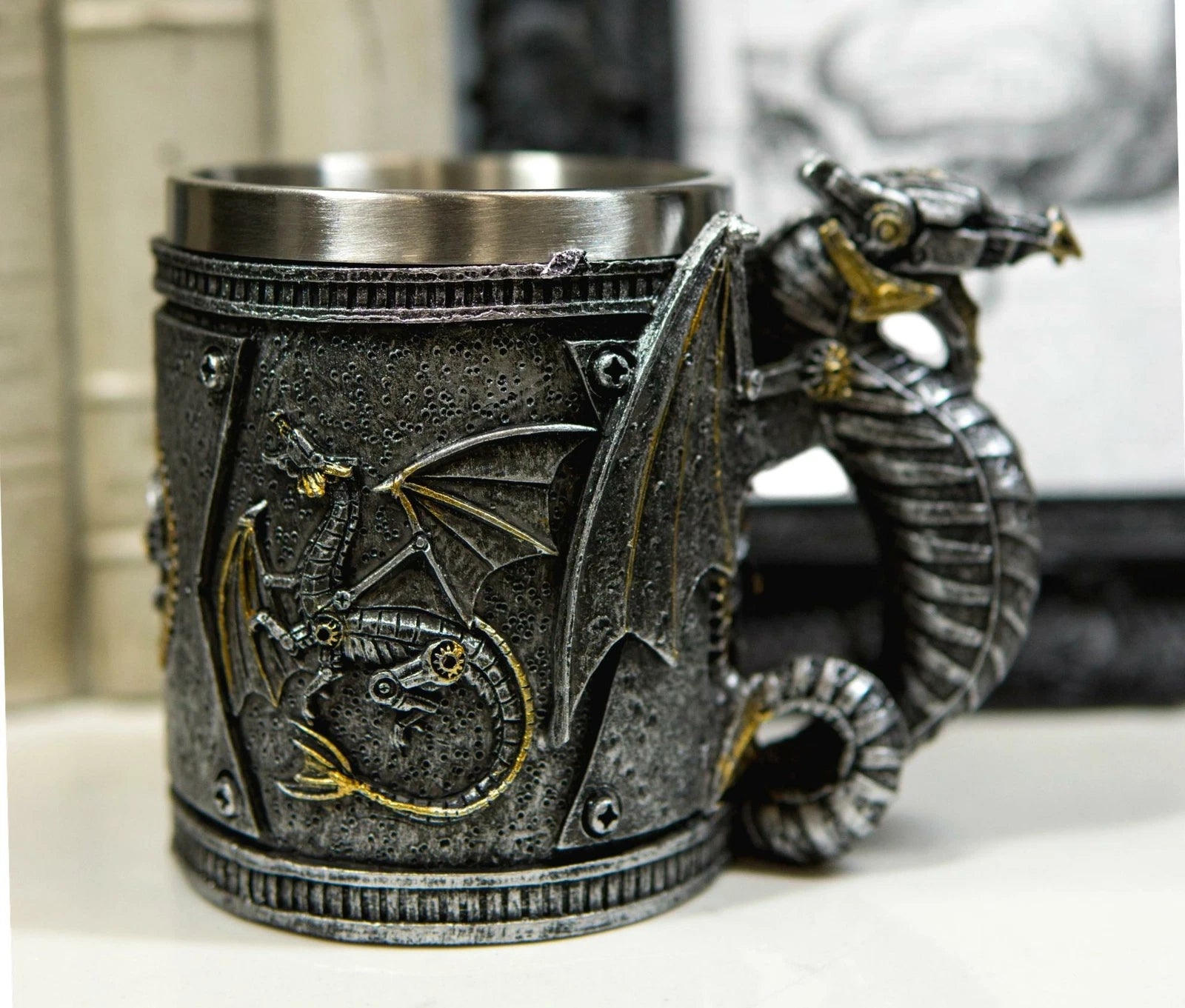 Silver Surfer Steampunk Cyborg Robotic Dragon Jarra de cerveza Jarra Taza de café