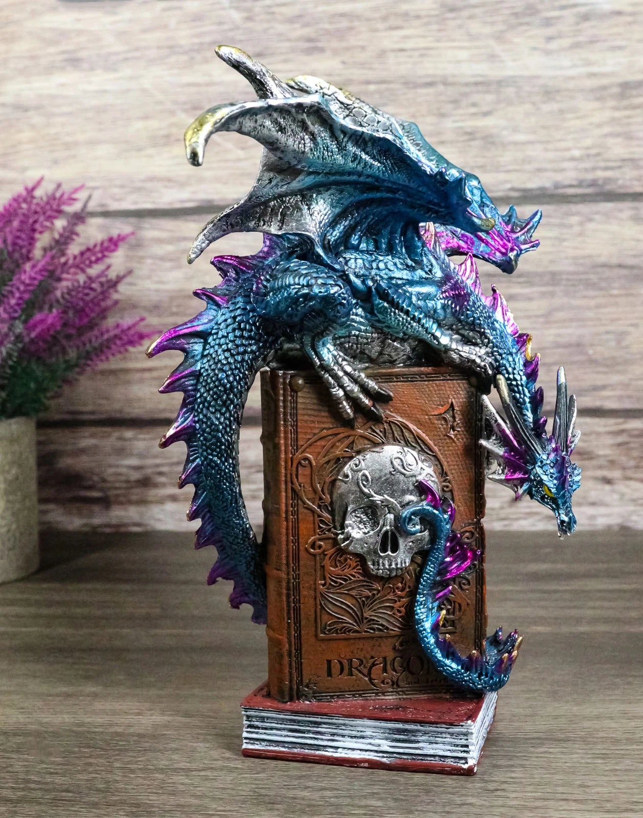 Spell Caster Metallic Ocean Dragon Perching On Necromancy Skull Books Figurine-1