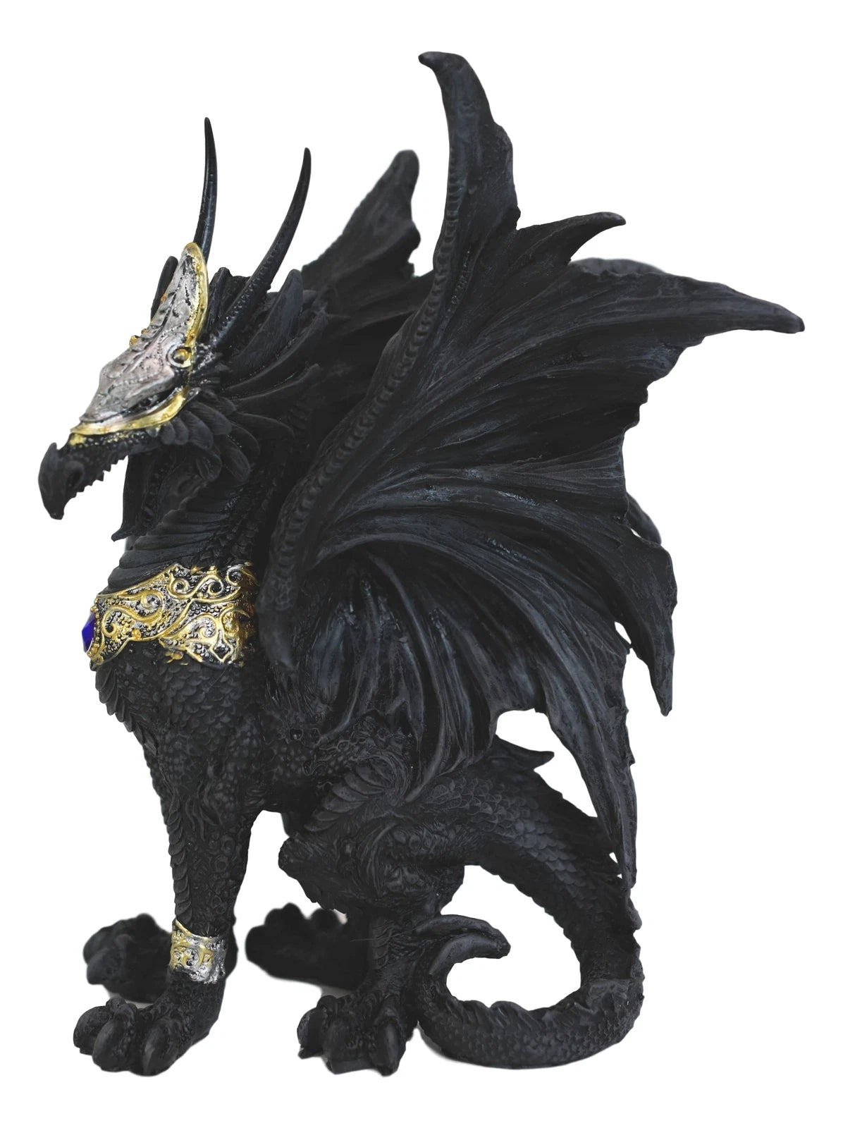 Blue Sapphire Golden Armored Combat Dragon Standing Guard In Faux Stone Statue-3