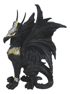 Blue Sapphire Golden Armored Combat Dragon Standing Guard In Faux Stone Statue-3