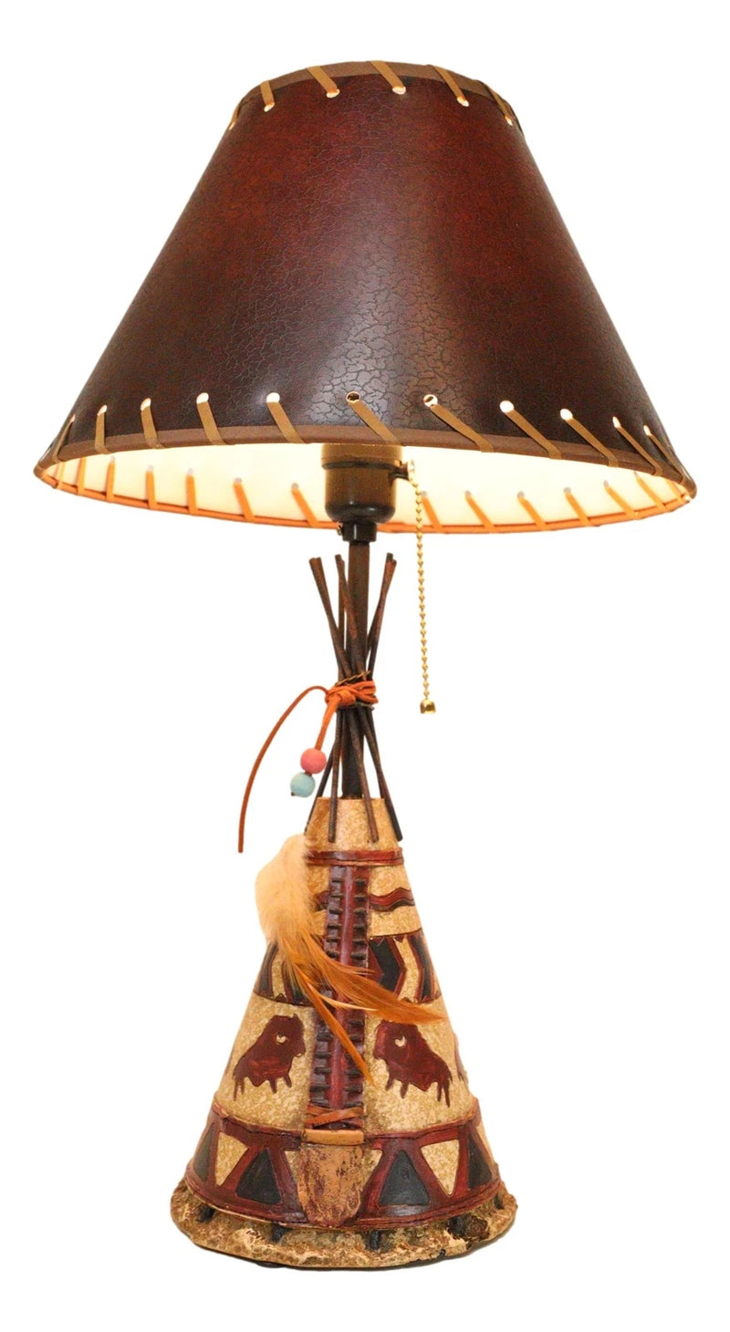Southwestern Indian Bisons Buffalo Teepee Hut Dreamcatcher Feathers Table Lamp-8