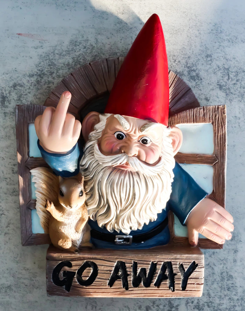 "Go Away" Gnome & Squirrel At Window Flipping Off Guests Wall Decor 9"H-1