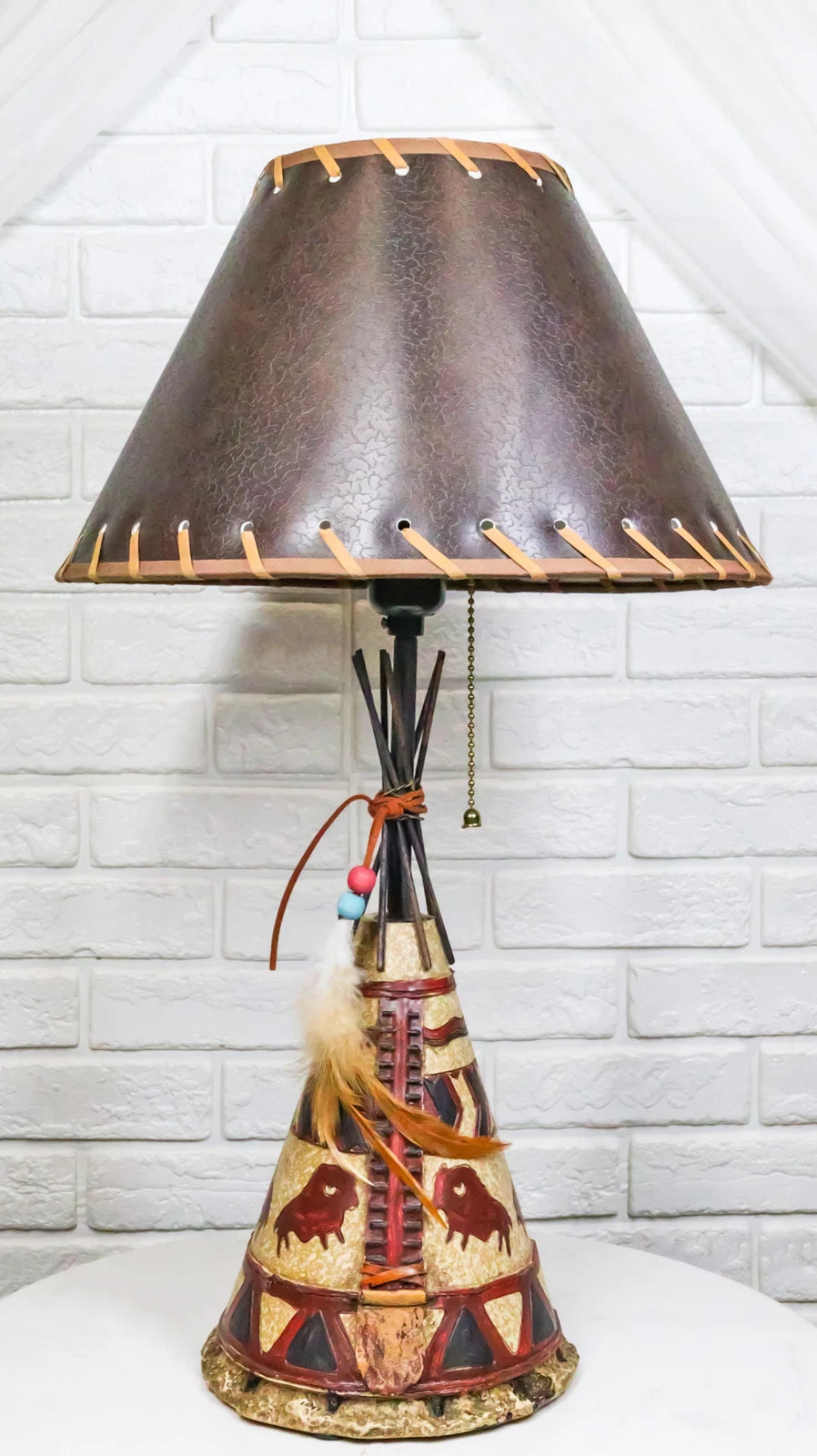 Southwestern Indian Bisons Buffalo Teepee Hut Dreamcatcher Feathers Table Lamp-1