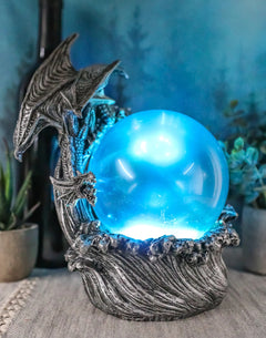 Silver Ocean Dragon Riding Tidal Sea Waves With Colorful LED Sphere Orb Figurine-2