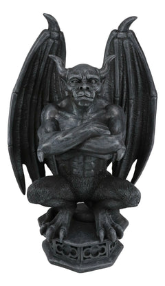 Gothic Gargoyle Statue, Horned Bulldog Figurine 12"H for Home Decor, Garden, Patio, Mantle Display, Crouching on Pedestal, Winged Fantasy Sculpture, Collector Gift-3