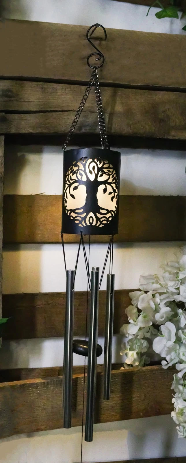 Celtic Tree Of Life Cylindrical Steel Metal Filigree Hanging Solar Wind Chime-1