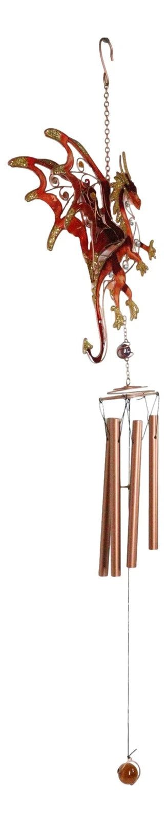 Medieval Fantasy Red Gold Fire Dragon Art Glass Gemstones Metal Wind Chime-9