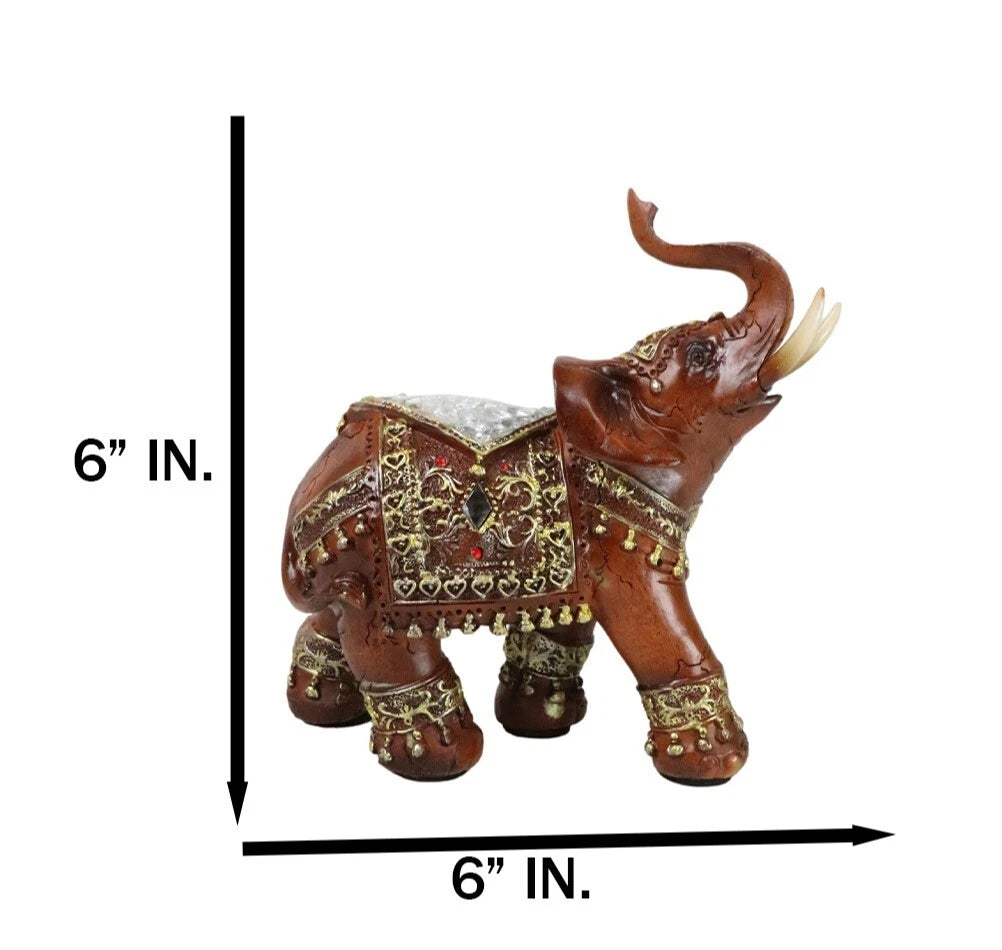 Faux Wood Trunk Up Elephant with Golden Scrollwork And Crushed Glass Figurine-5