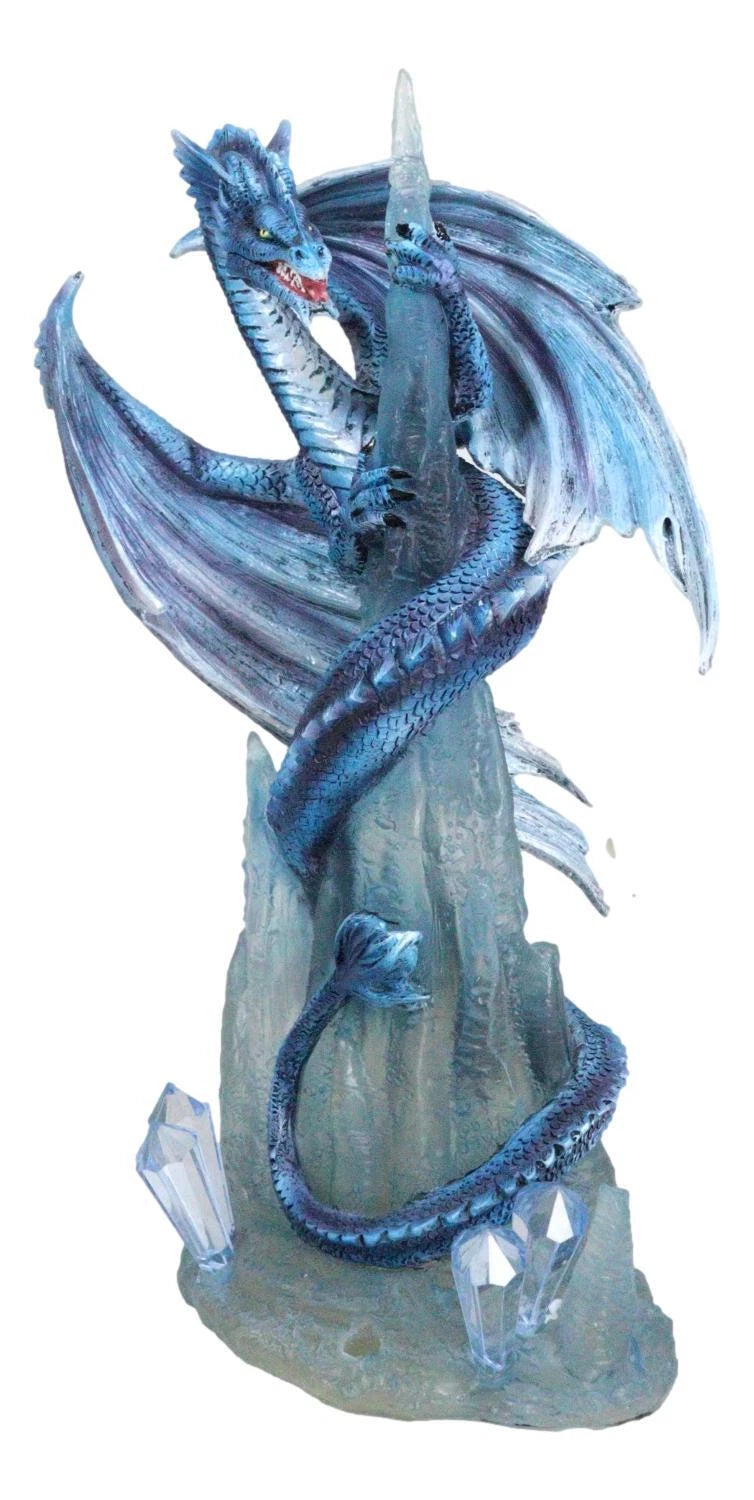 Frozen Stalactite Blue Dragon Serpent On Spiky Ice Mountain Cliff Figurine-5