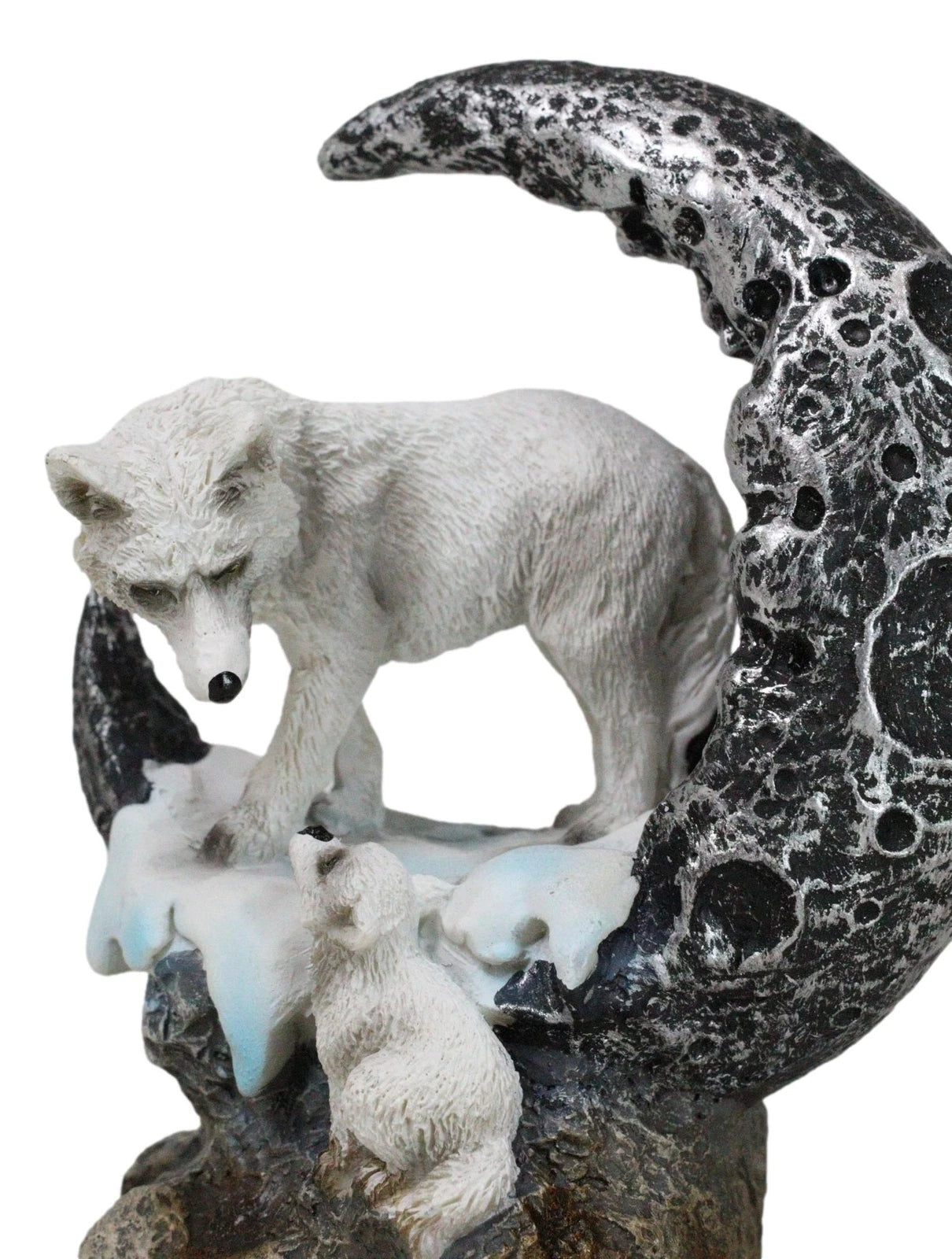 Winter Snow White Wolf Mother With Pup By Snowy Crater Crescent Moon Figurine-4