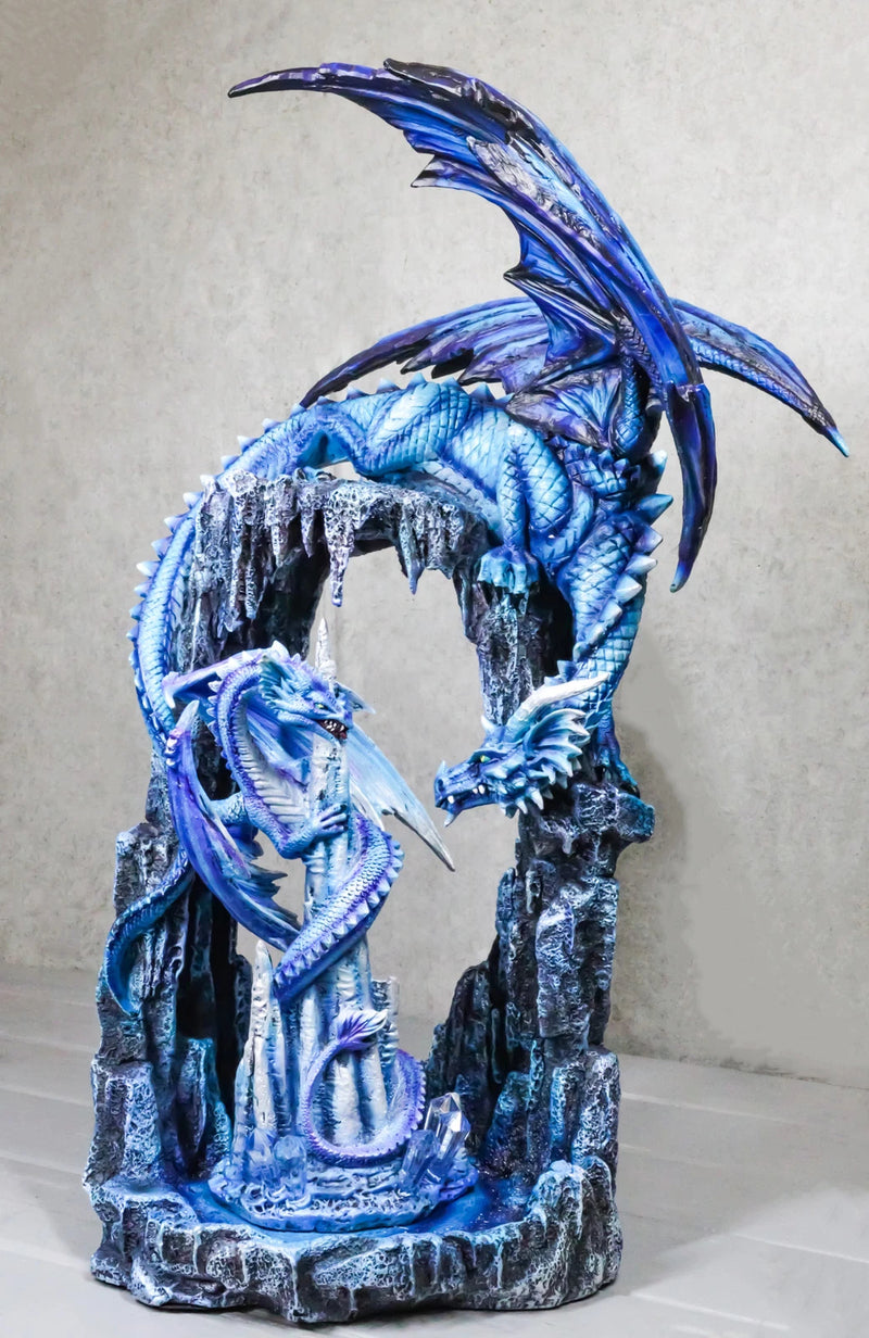 20"H Large Blue Frozen Dragon On Arch With Wyrmling By Ice Stalagmite Statue-1