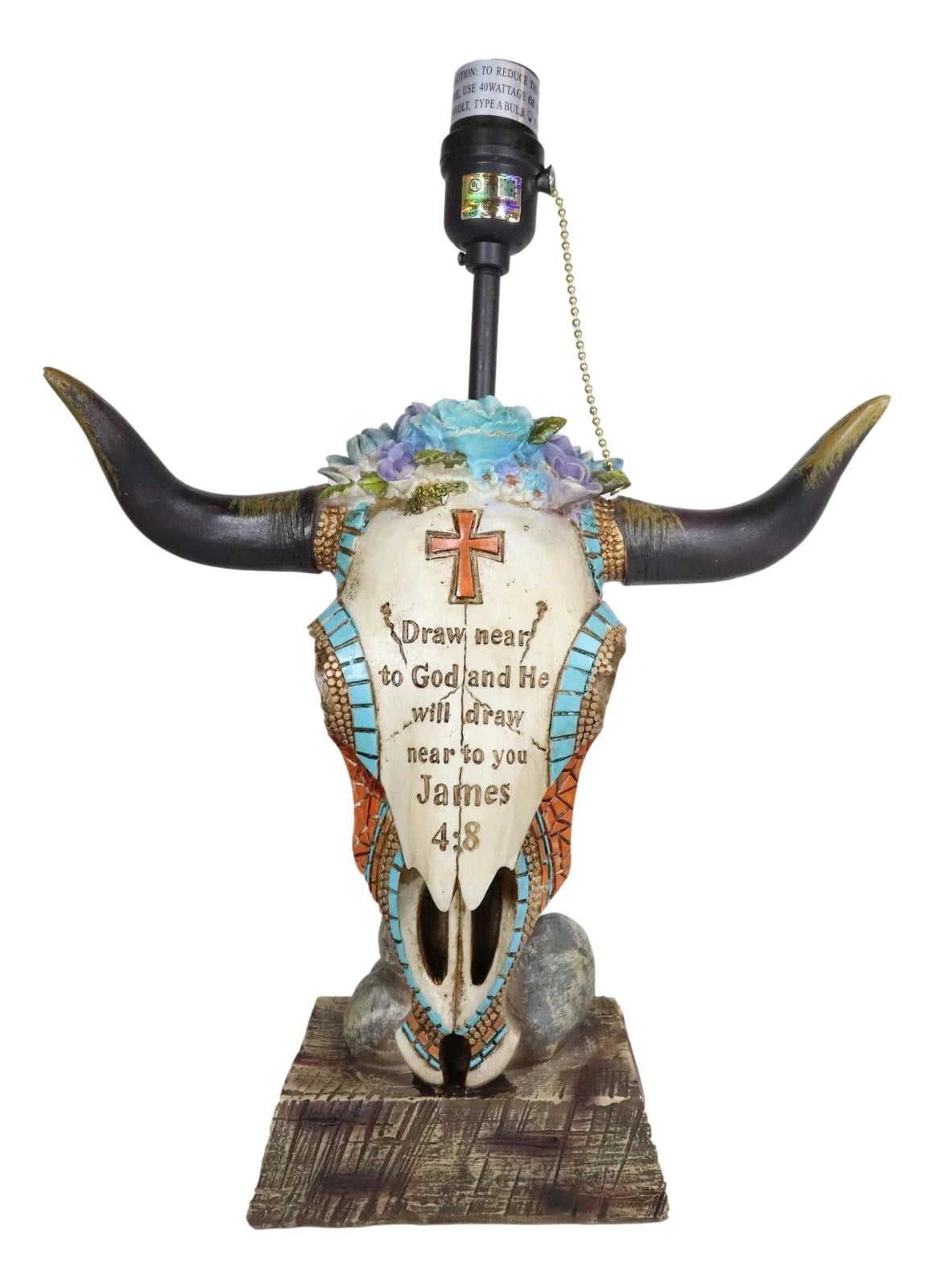 Lámpara de mesa con calavera de vaca de vaquero occidental y suculentas florales con versículo bíblico-4