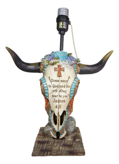 Lámpara de mesa con calavera de vaca de vaquero occidental y suculentas florales con versículo bíblico-4