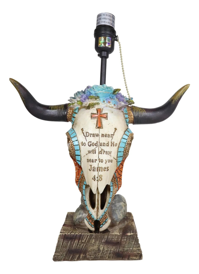 Lámpara de mesa con calavera de vaca de vaquero occidental y suculentas florales con versículo bíblico-4