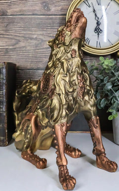 Steampunk Armor Geared Golden Robotic Alpha Wolf Howling At The Moon Statue-2