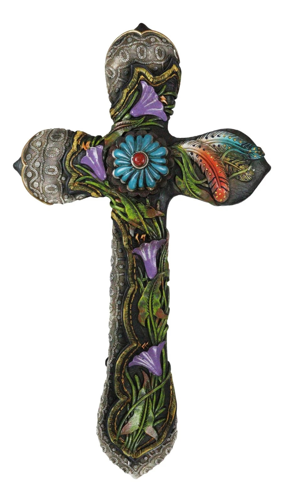 Colorful Floral Blooms And Vines With Southwestern Feathers Wall Cross Plaque-4