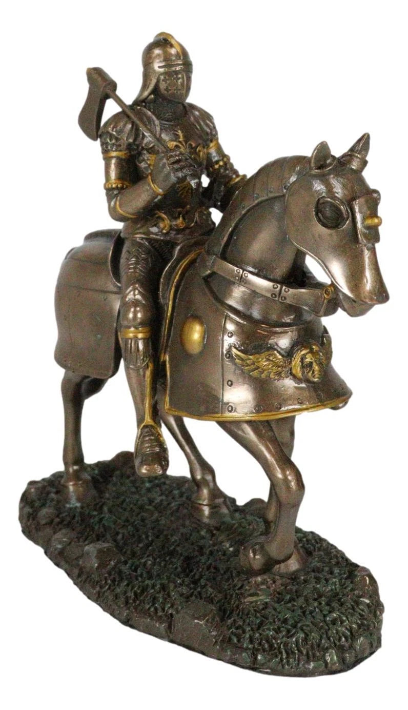 Medieval Suit Of Armor Knight With Large Shield And Axe On Horse Figurine-4