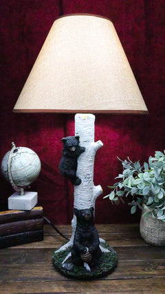 Climbing Black Bear Cub On Birchwood Tree With Mother And Beehive Table Lamp-1