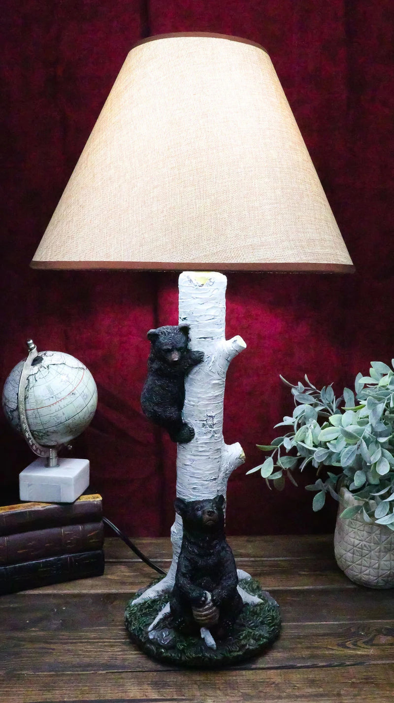 Climbing Black Bear Cub On Birchwood Tree With Mother And Beehive Table Lamp-1