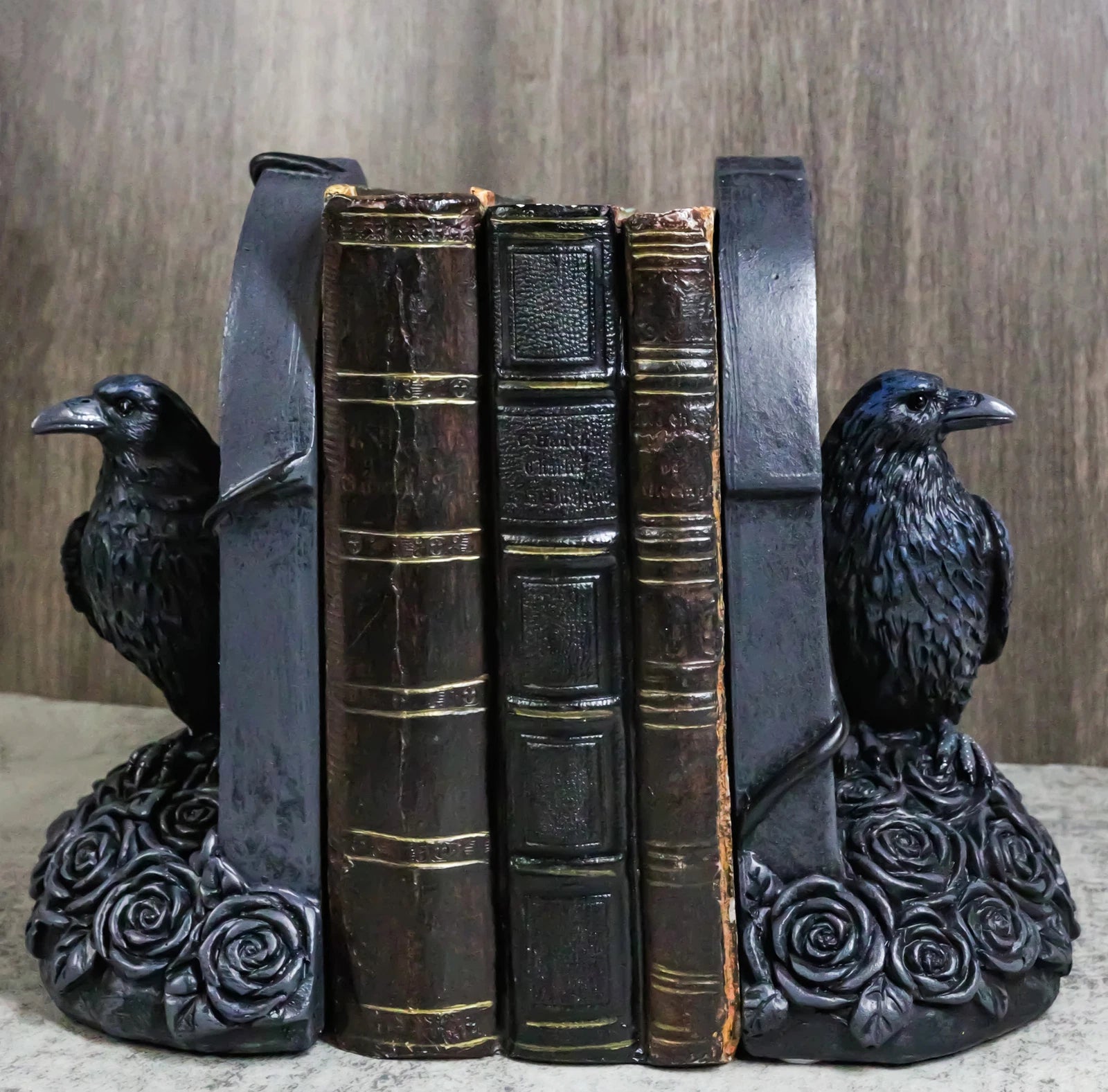 Raven Figurine, 8" Crow Perching on Black Roses Tombstone Gothic Figurine Bookends for Shelf, Desk, Home, or Gothic Room Decor Collectible-1