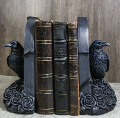 Raven Figurine, 8" Crow Perching on Black Roses Tombstone Gothic Figurine Bookends for Shelf, Desk, Home, or Gothic Room Decor Collectible-1