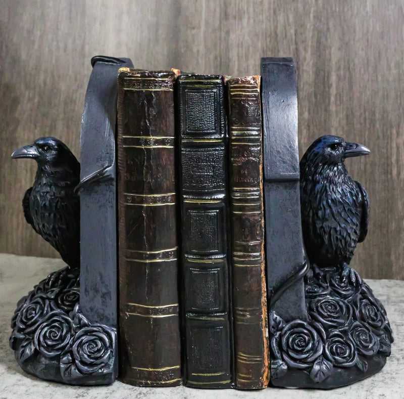 Raven Figurine, 8" Crow Perching on Black Roses Tombstone Gothic Figurine Bookends for Shelf, Desk, Home, or Gothic Room Decor Collectible-1