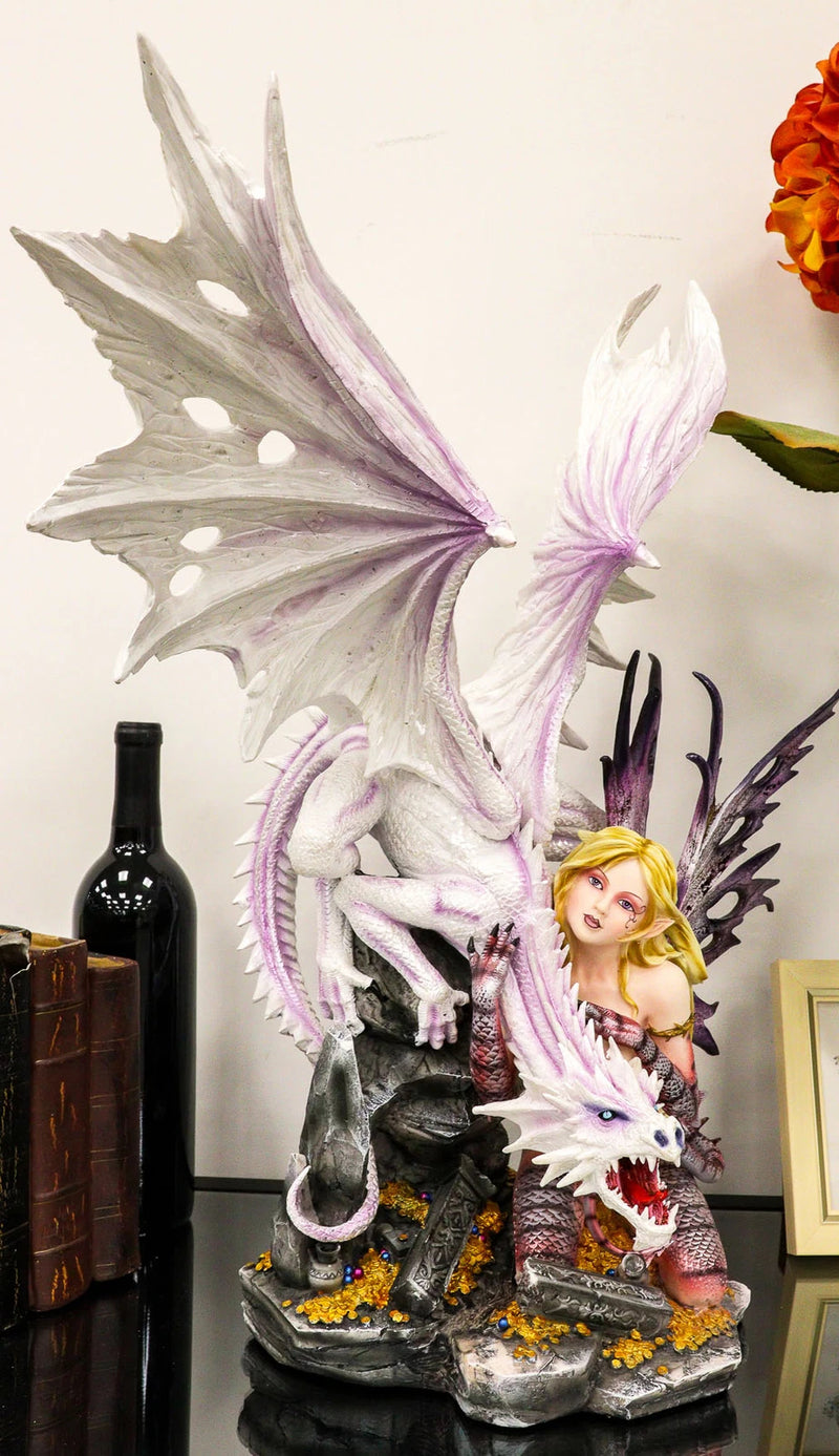 Large 22.75"H Red Reptile Fairy With Roaring White Dragon By Treasures Statue-1