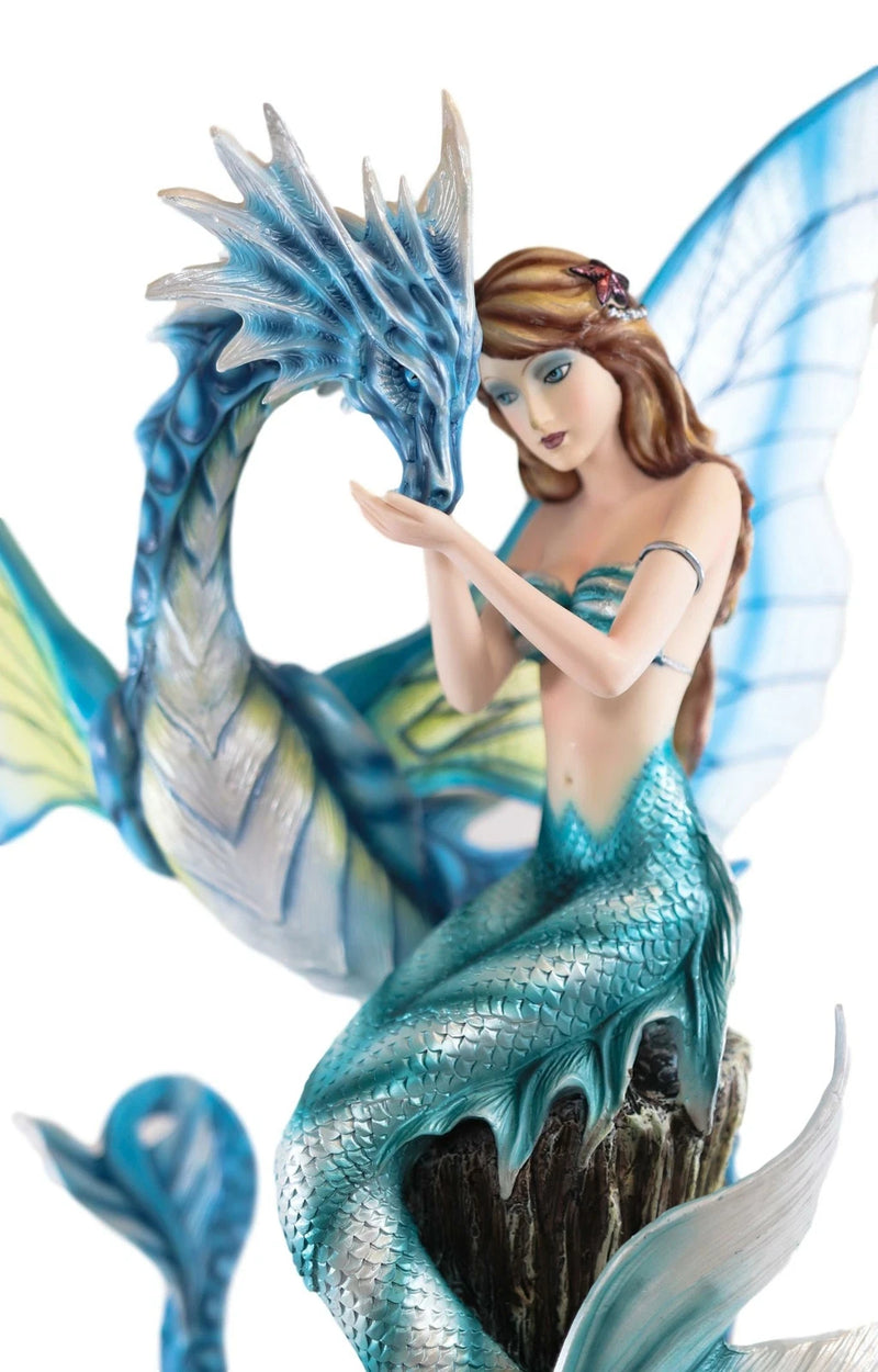 Large Nautical Blue Mermaid Feeding Leviathan Ocean Dragon Fairy Statue-4