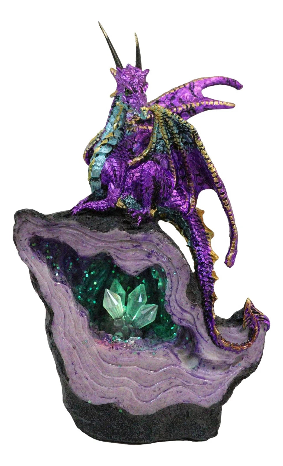 Metallic Purple Midnight Dragon On LED Light Faux Geode Crystal Rock Figurine-6