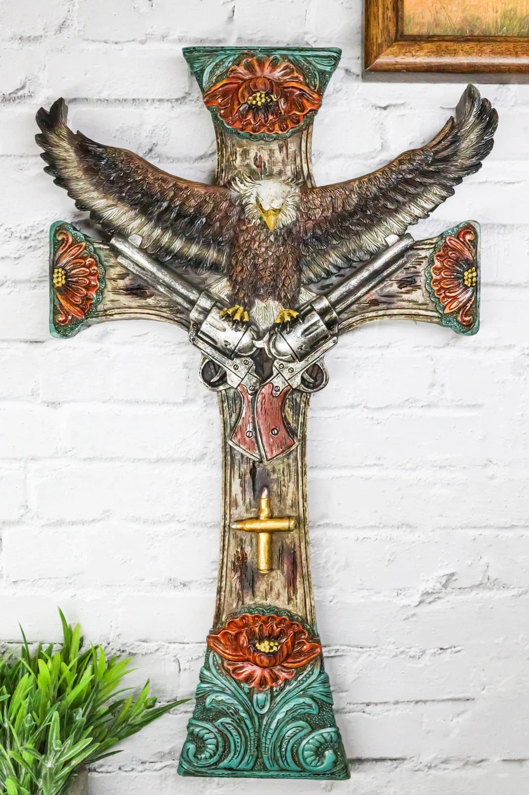 Rustic Western Turquoise Flowers Eagle Dual Pistols Cowboy Faux Wood Wall Cross-1