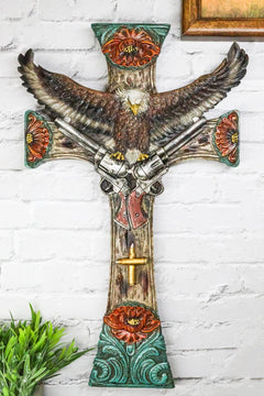 Rustic Western Turquoise Flowers Eagle Dual Pistols Cowboy Faux Wood Wall Cross-1