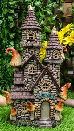 Fairy Garden LED Light Up Castle Stone House With Tall Tower Roofs Figurine-2
