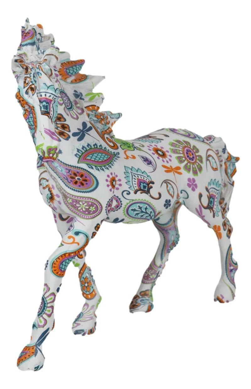 Equestrian Chic Beauty Rainbow Paisley White Horse Hand Painted Statue 7.5" L-9