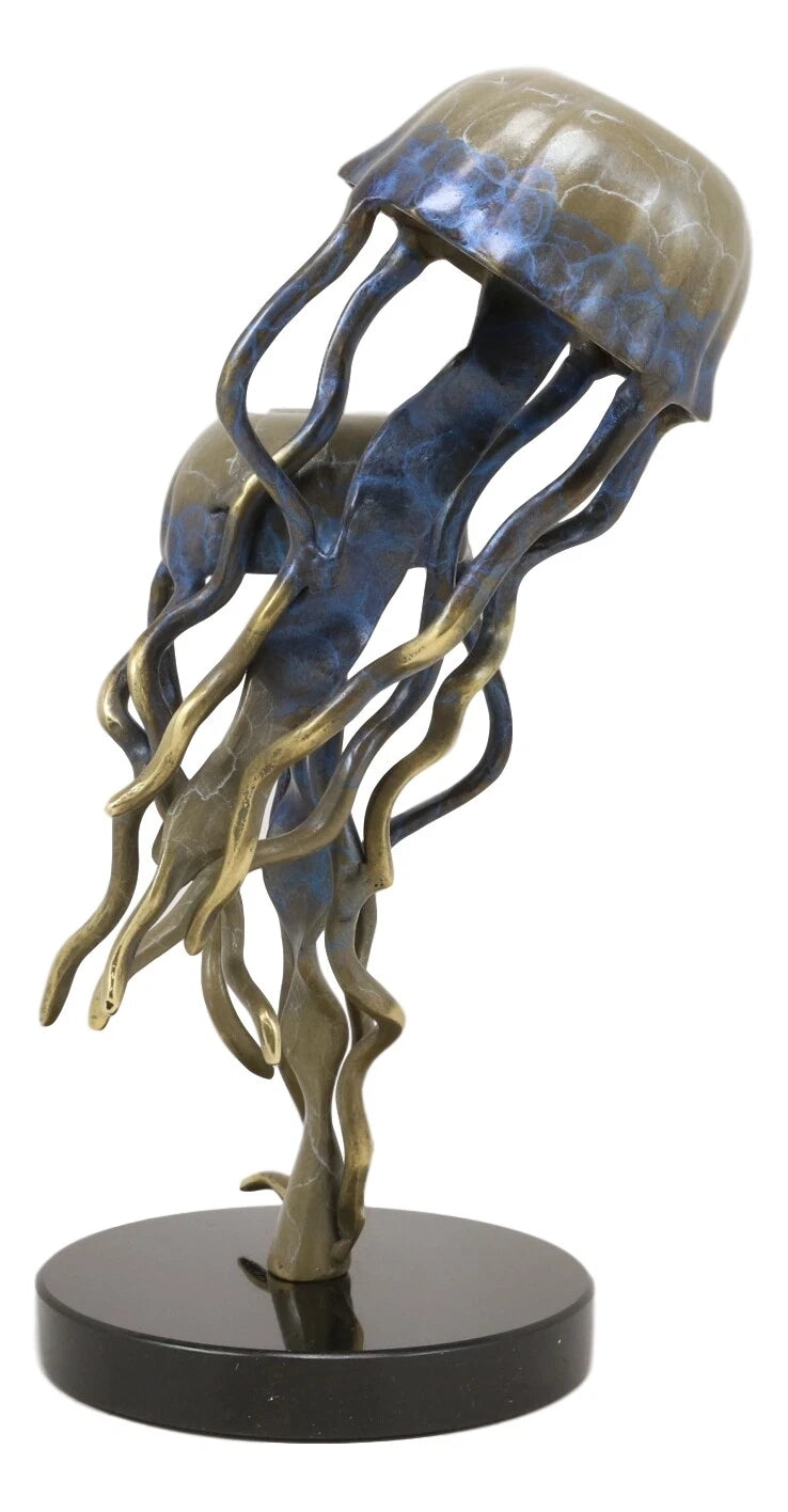 Brass Colorful Nautical Jellyfish Pair Floating In The Sea Statue On Marble Base-4