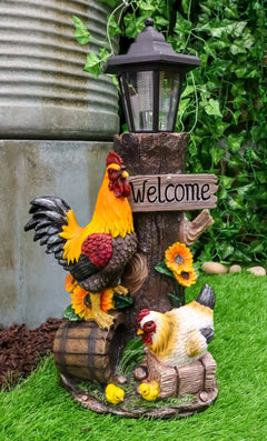 Country Farm Rooster Hen Chicks Family By Sunflowers Solar Light Lantern Statue-2