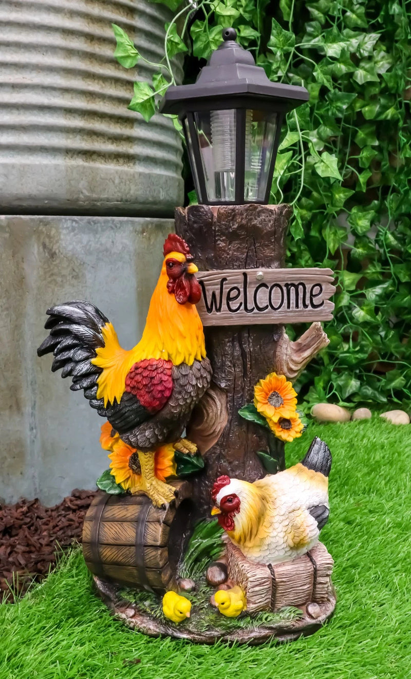 Country Farm Rooster Hen Chicks Family By Sunflowers Solar Light Lantern Statue-2